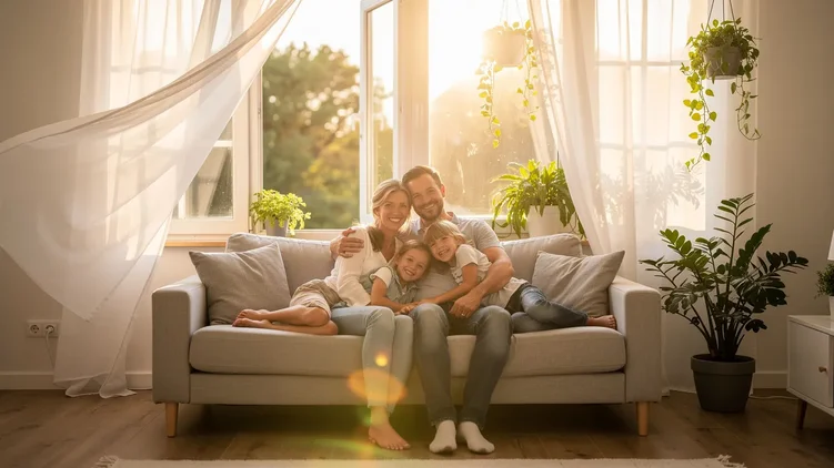 Famille dans un salon lumineux