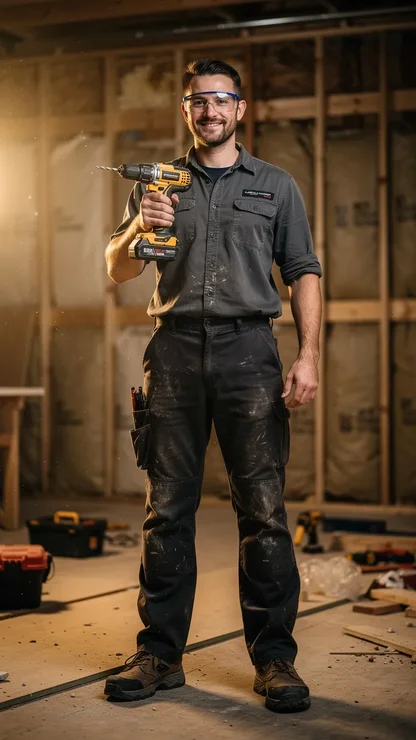 Artisan avec perceuse dans une piece en cours de renovation