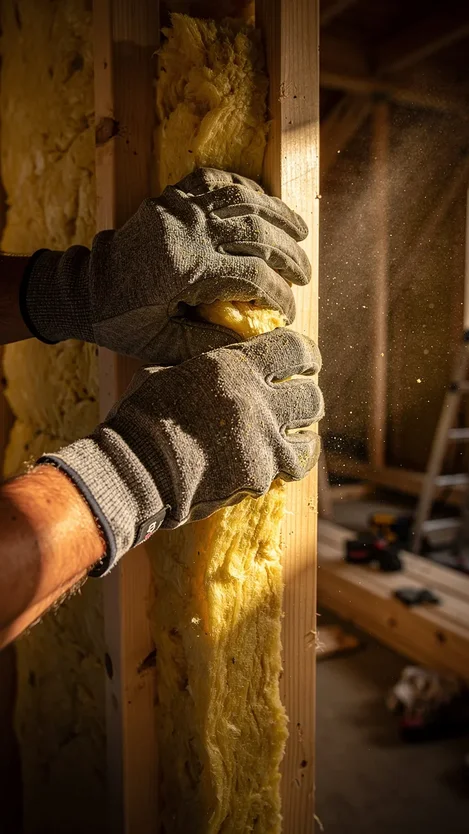 Mains gantees posant de la laine minerale entre des montants en bois