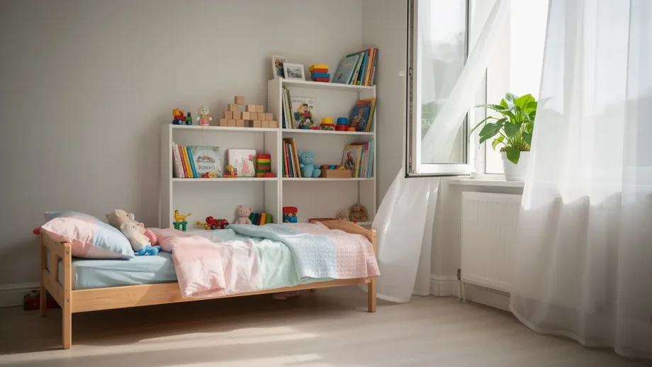 Chambre d enfant aeree avec rideaux au vent et lumiere naturelle