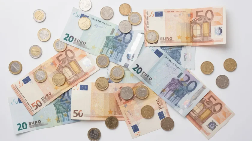 Billets de banque et pieces en euros disposes sur une surface blanche