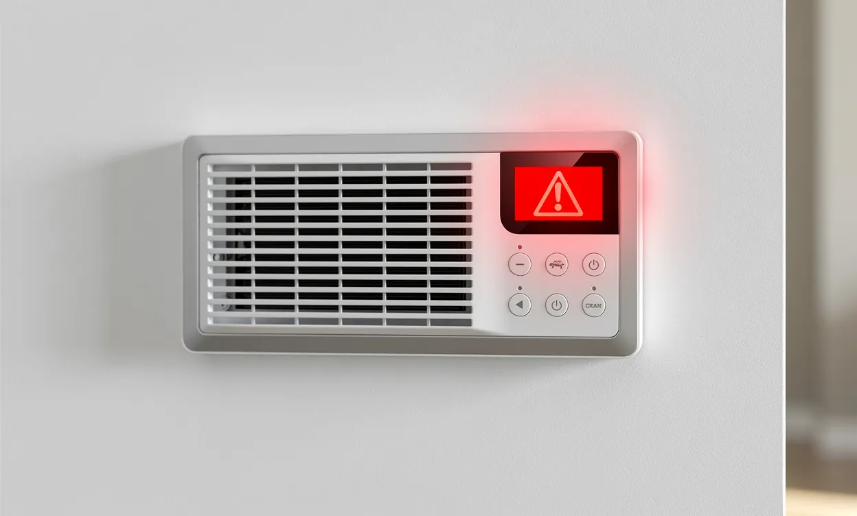 Un appareil de ventilation moderne fixé à un mur blanc affiche un symbole d’alerte rouge sur son écran numérique dans une pièce doucement éclairée.