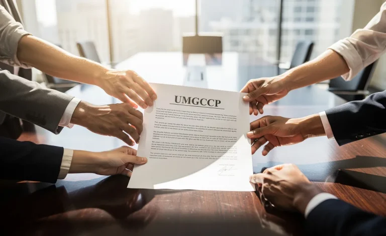 Des mains réunies autour d’un document officiel marqué "UMGCCP" sur une table de conférence moderne, avec la lumière du soleil entrant par de grandes fenêtres.