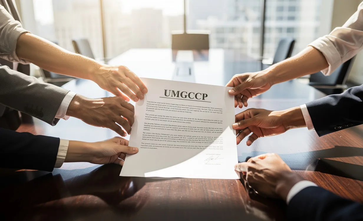 Des mains réunies autour d’un document officiel marqué "UMGCCP" sur une table de conférence moderne, avec la lumière du soleil entrant par de grandes fenêtres.