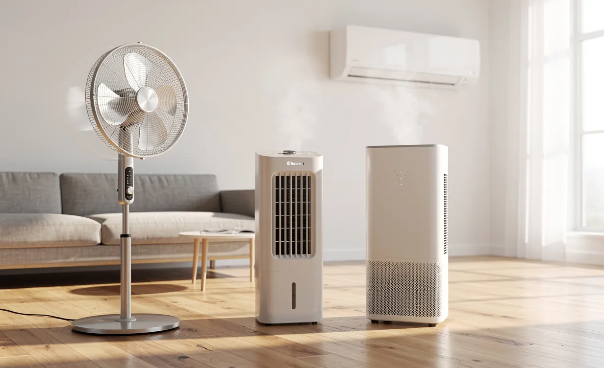 Un ventilateur moderne, un rafraîchisseur d’air et un climatiseur sont alignés sur un parquet clair dans un salon lumineux et épuré.