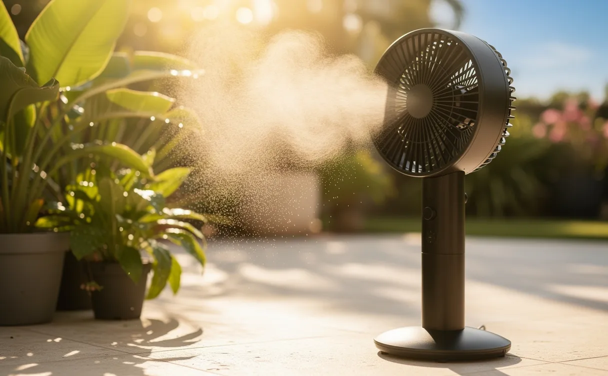 Un ventilateur brumisateur diffuse de la brume fraîche sur une terrasse ensoleillée entourée de plantes vertes.