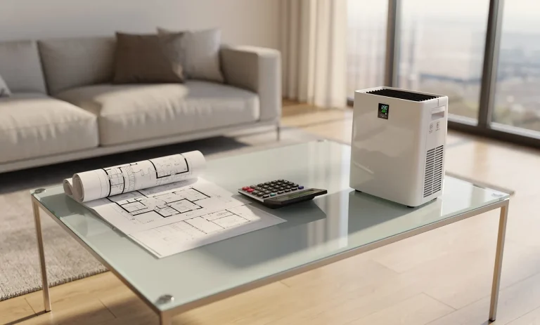 Salon moderne lumineux avec une table en verre sur laquelle se trouvent une calculatrice, des plans et un petit climatiseur.