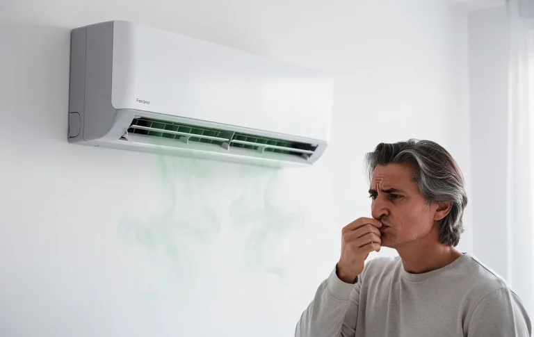 Un climatiseur moderne fixé à un mur blanc diffuse une légère vapeur verdâtre tandis qu’une personne inquiète plisse le nez à proximité.