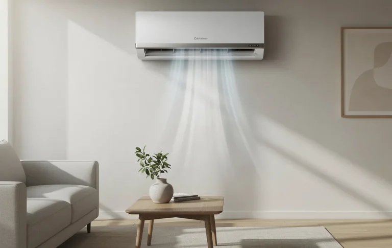 Un climatiseur Q-Excellence souffle de l’air frais dans un salon moderne à la décoration minimaliste baignée de lumière naturelle.