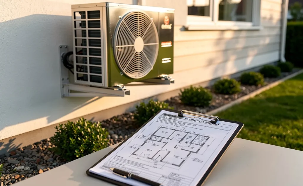 Un climatiseur extérieur moderne est fixé au mur d'une maison de banlieue avec un clipboard et des documents d'architecture au premier plan.