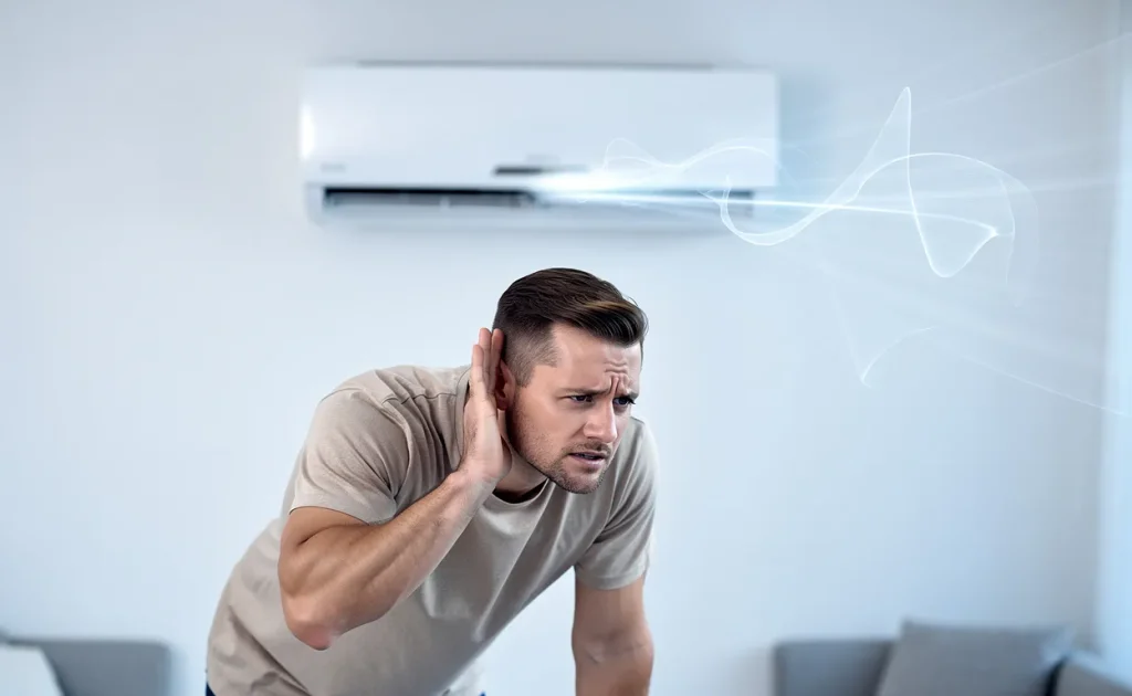 Un homme inquiet écoute attentivement un climatiseur mural moderne diffusant un souffle visible dans une pièce à la lumière bleutée.