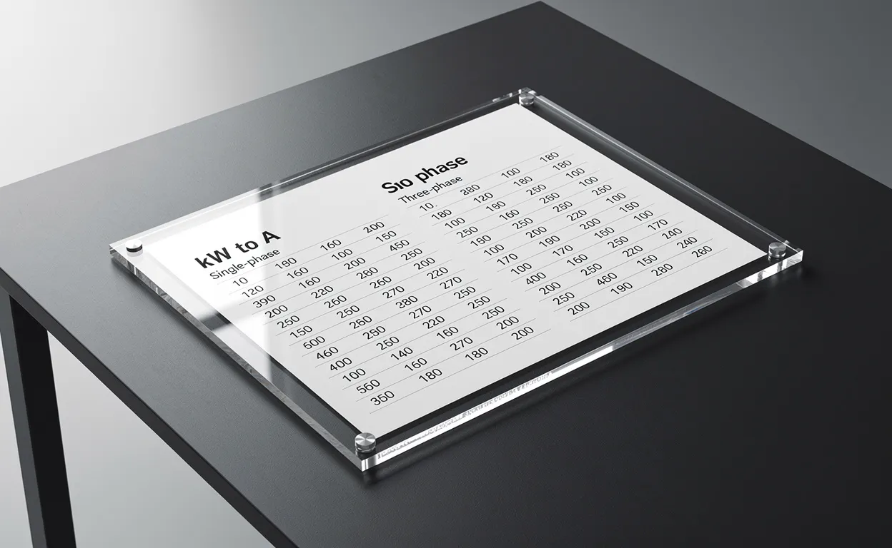 Tableau comparatif affichant les valeurs de conversion entre kilowatts et ampères pour les systèmes électriques monophasés et triphasés, posé sur une table élégante.