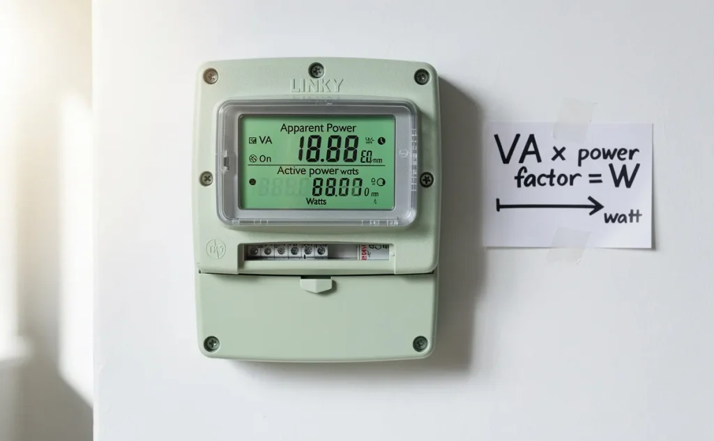 Un compteur Linky moderne fixé sur un mur blanc affiche des valeurs en VA et en watt, avec une formule de conversion esquissée sur une note à côté.