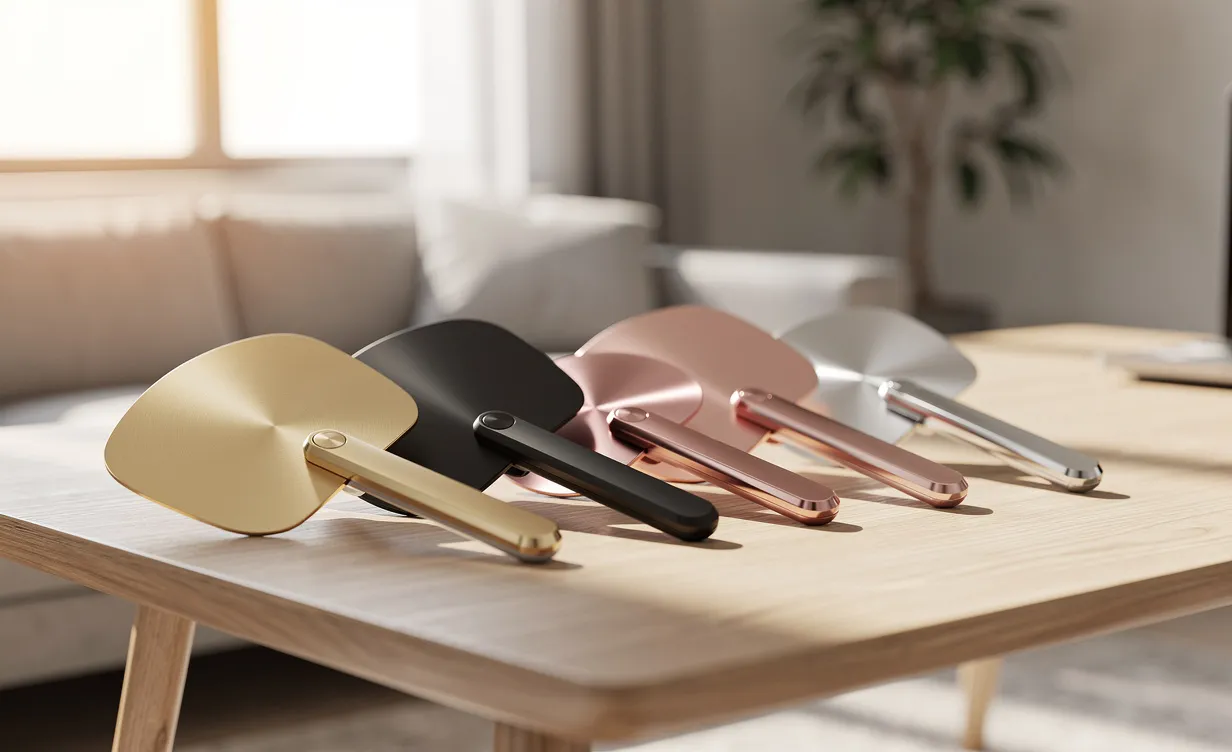 Des éventails raffinés aux formes variées et finitions métalliques sont posés sur une table en bois dans un salon lumineux.