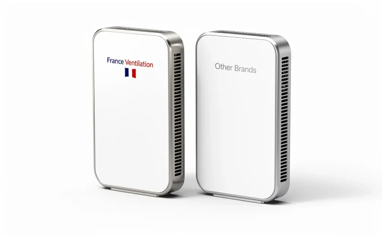 Deux unités de ventilation aux finitions métalliques sont posées côte à côte sur fond blanc, l’une portant le logo “France Ventilation” avec un drapeau français discret, l’autre nommée “Other Brands”.