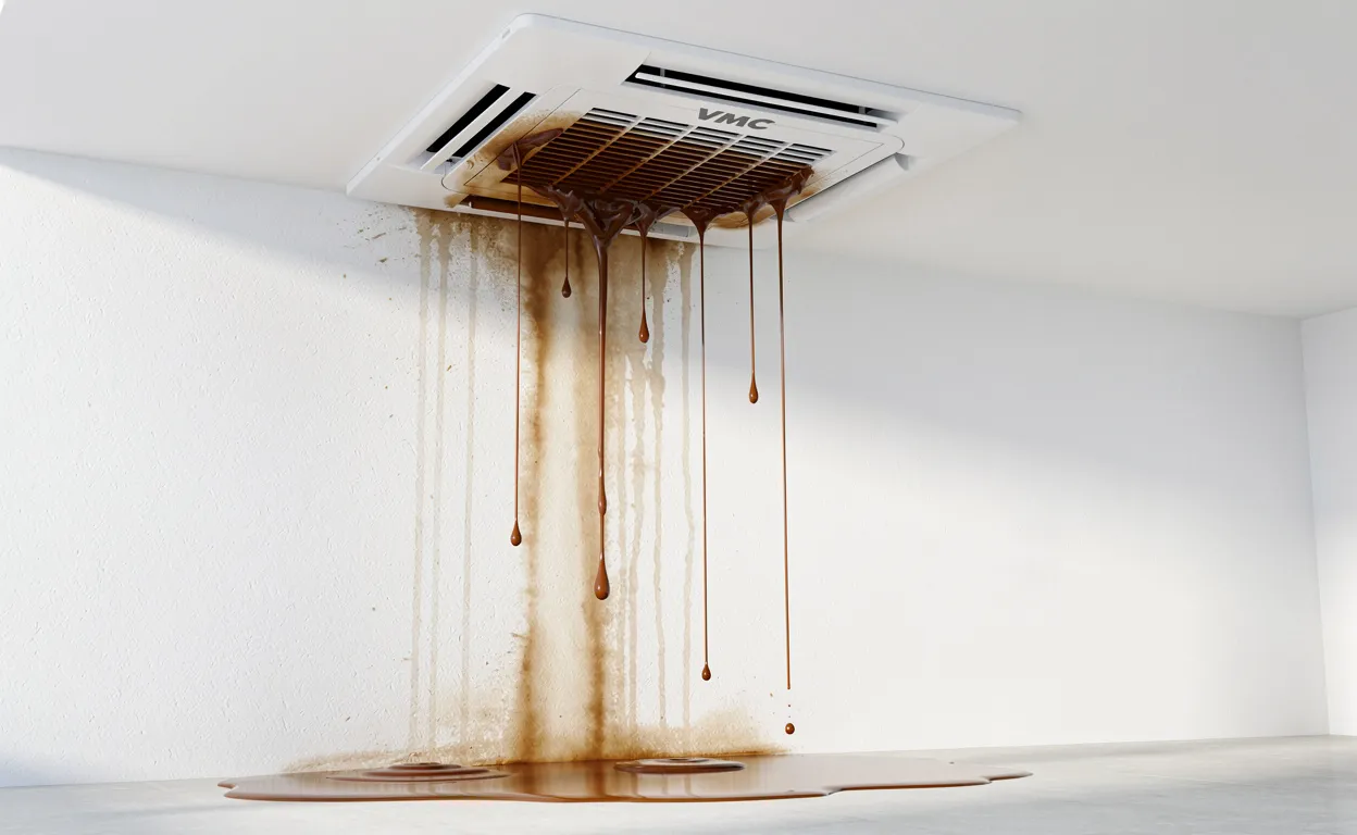 Une bouche de VMC au plafond fuit de l’eau brunâtre qui tache le mur blanc et forme une petite flaque en dessous.