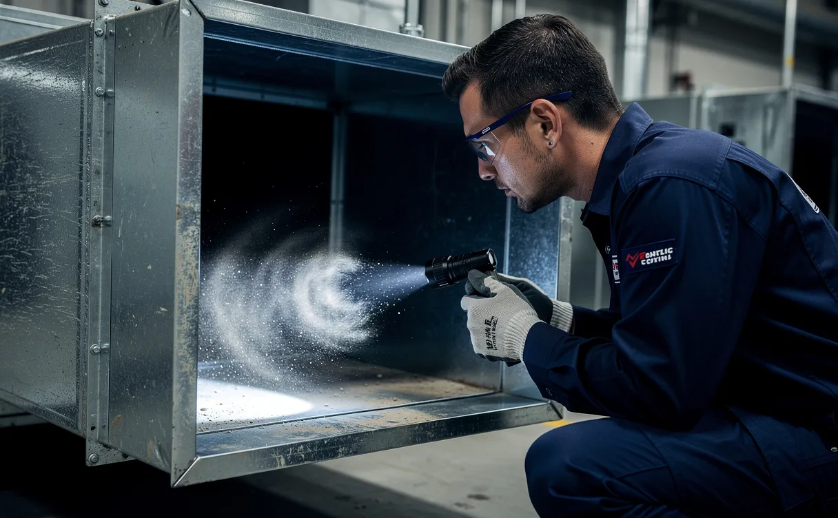 Un technicien CVC examine attentivement l'intérieur d'une grande gaine métallique à la lumière d'une lampe torche, révélant des particules de poussière.