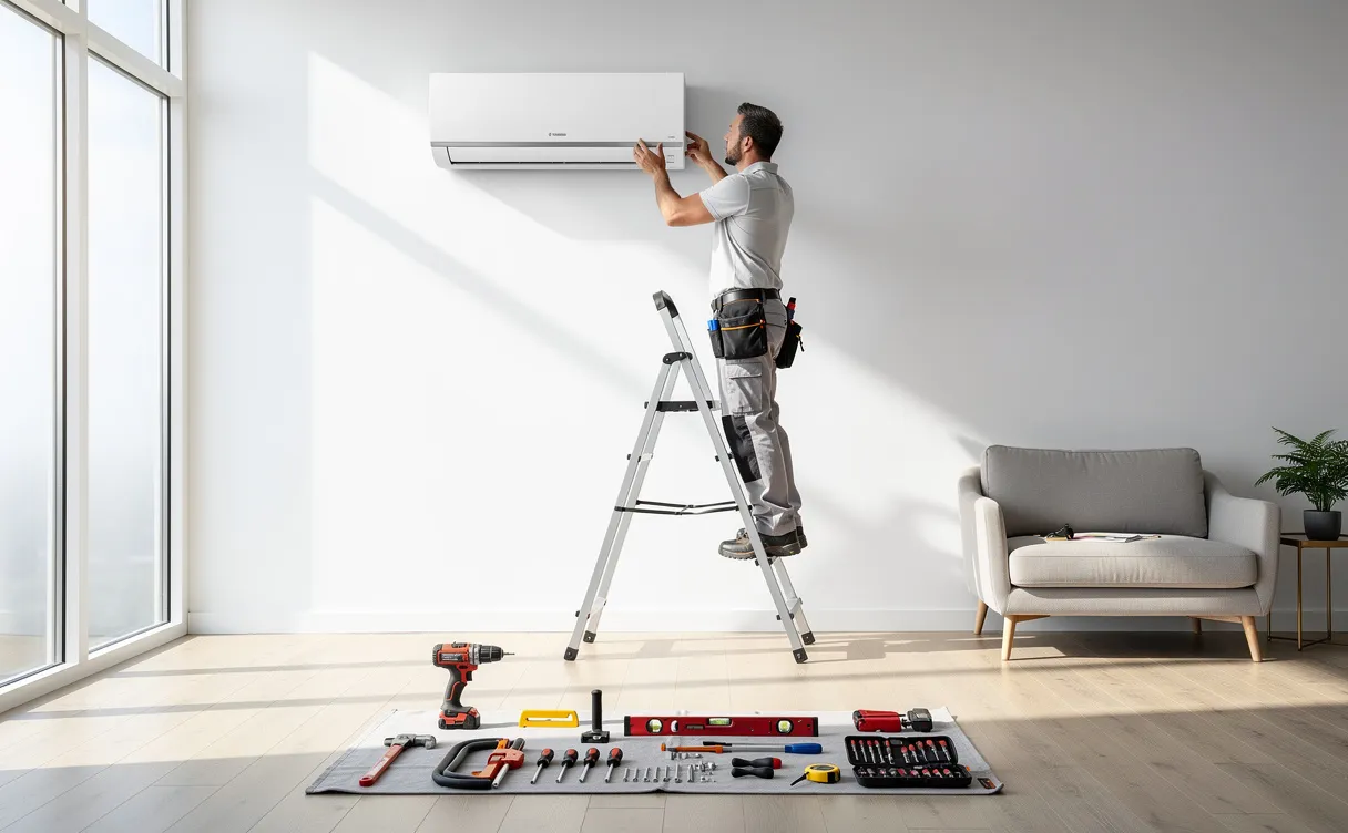 Un technicien installe un climatiseur Mitsubishi sur un mur blanc dans un salon lumineux avec des outils posés au sol.