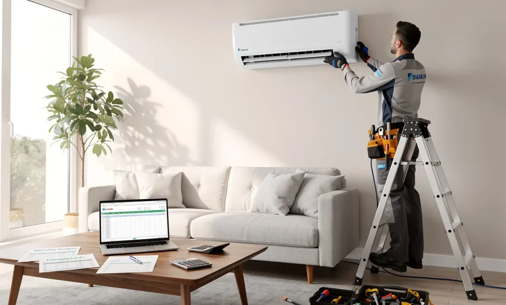 Un technicien installe un climatiseur Daikin dans un salon moderne baigné de lumière naturelle, avec un ordinateur portable et des papiers de budget sur la table voisine.