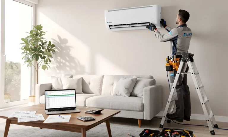 Un technicien installe un climatiseur Daikin dans un salon moderne baigné de lumière naturelle, avec un ordinateur portable et des papiers de budget sur la table voisine.
