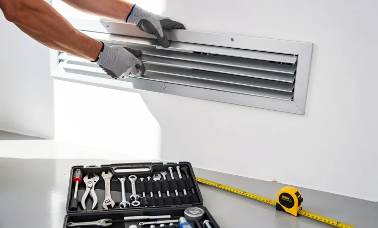 Installation d’une grille de ventilation moderne dans un mur blanc avec une boîte à outils et un mètre ruban posés à côté.