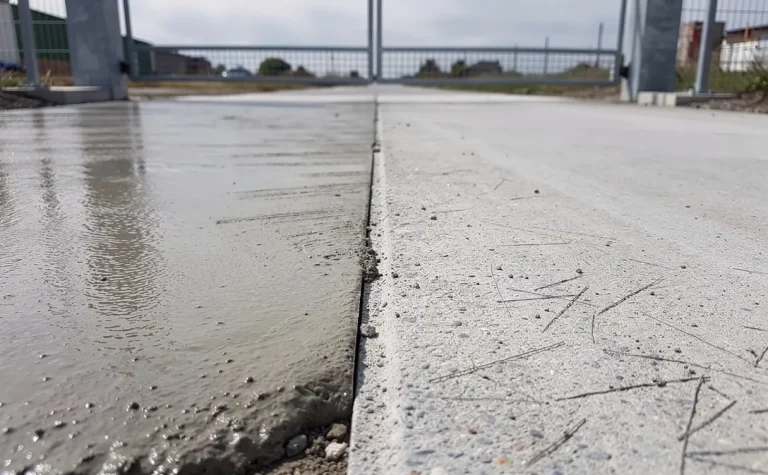 Seuil de portail en béton en cours de réalisation, montrant la jonction nette entre une partie sèche et une partie encore humide.