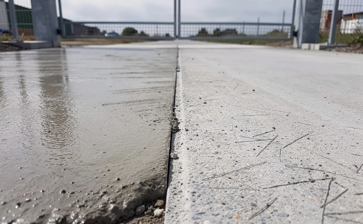 Seuil de portail en béton en cours de réalisation, montrant la jonction nette entre une partie sèche et une partie encore humide.