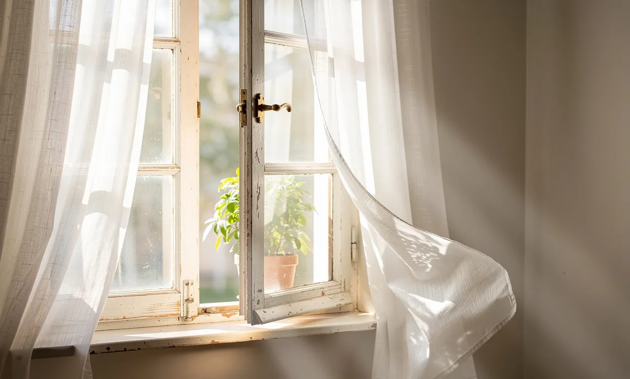 Une fenêtre en bois légèrement ouverte laisse entrer la lumière du jour et l’air frais dans une pièce lumineuse aux rideaux vaporeux.