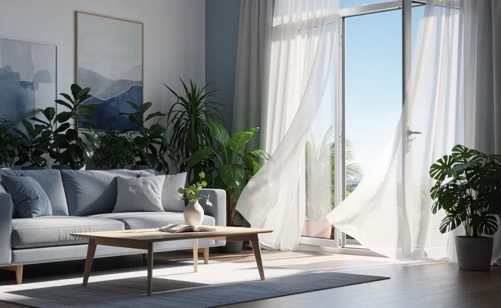 Un salon baigné de lumière naturelle avec des plantes vertes près de fenêtres ouvertes et des rideaux légers ondulant dans la brise.