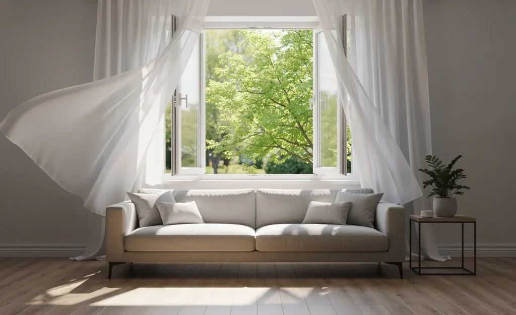 Une fenêtre ouverte laisse entrer la lumière du jour dans un salon moderne tandis que des rideaux légers ondulent, avec des plantes visibles à l’extérieur.