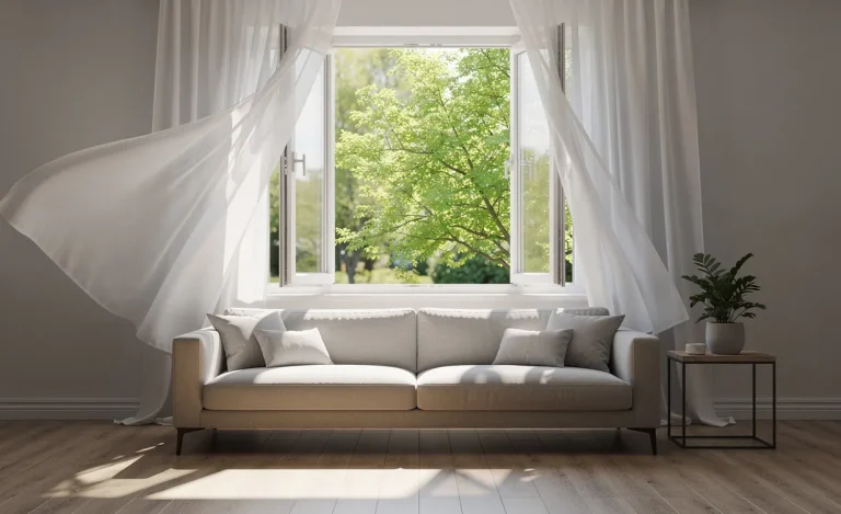 Une fenêtre ouverte laisse entrer la lumière du jour dans un salon moderne tandis que des rideaux légers ondulent, avec des plantes visibles à l’extérieur.