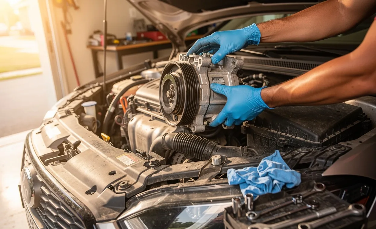 Un mécanicien retire un compresseur de climatisation sous le capot ouvert d’une voiture dans un garage éclairé, entouré d’outils et de chiffons bleus.