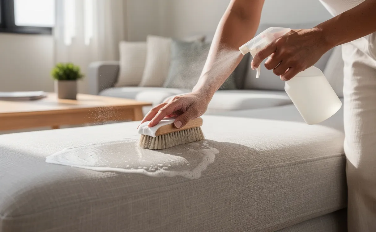 Une personne nettoie délicatement un canapé en tissu clair avec une brosse douce et un vaporisateur dans un salon lumineux et ordonné.