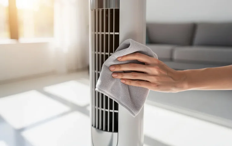 Une personne nettoie à l’aide d’un chiffon microfibre les grilles d’un ventilateur colonne moderne dans une pièce lumineuse.