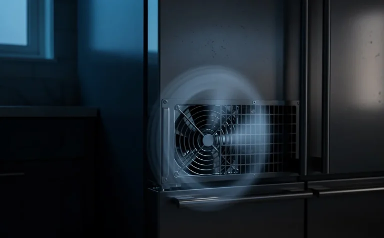 Un réfrigérateur moderne éclairé par une lumière tamisée montre son ventilateur en mouvement dans une cuisine sombre aux tons bleuâtres.