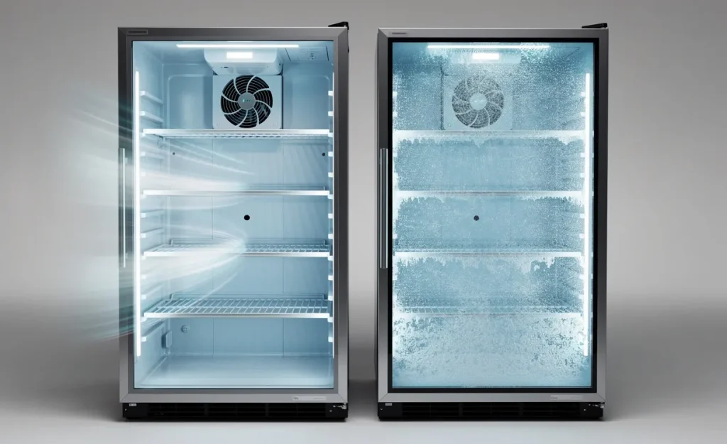 Deux réfrigérateurs côte à côte avec portes transparentes montrent l’un un système de froid ventilé sans givre, l’autre un froid statique avec une légère formation de givre.