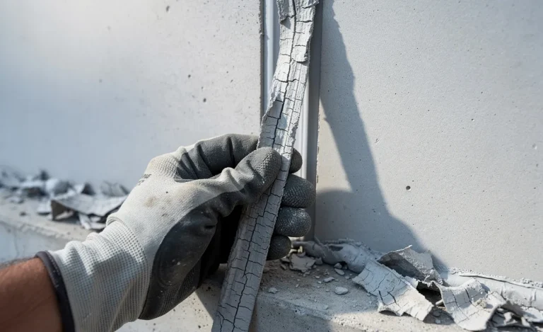 Une main gantée tient un joint chimique fissuré partiellement retiré d’un mur, avec des morceaux éparpillés à proximité.