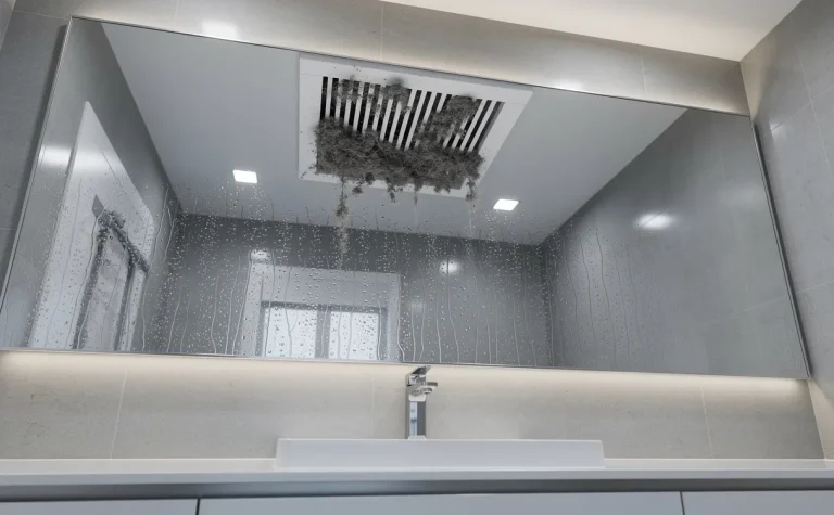 Salle de bain moderne avec miroir embué, condensation sur les surfaces et une bouche d’aération poussiéreuse au plafond.