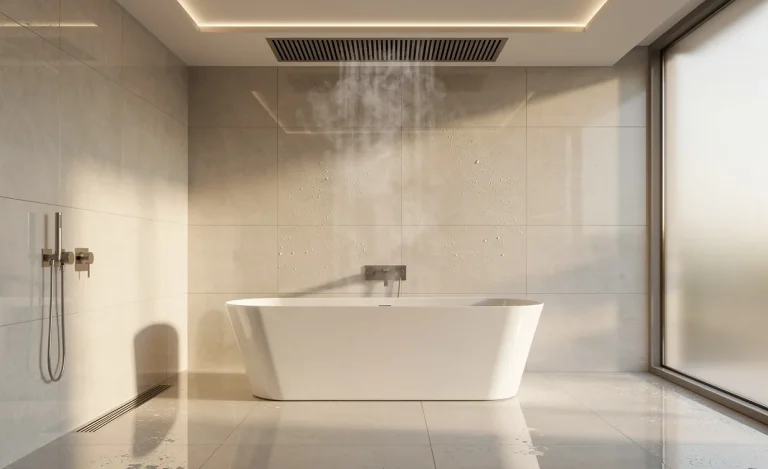 Salle de bain moderne avec baignoire minimaliste, éclairée par une fenêtre dépolie et équipée d'une ventilation de plafond.