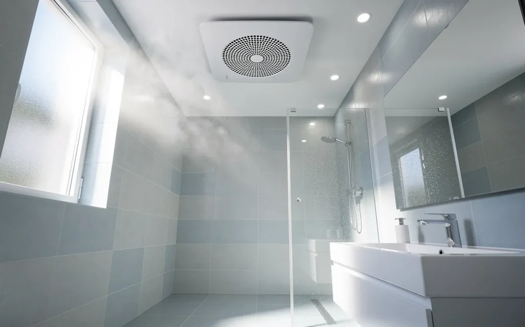 Salle de bain moderne et lumineuse avec un ventilateur de plafond, de la vapeur et des carreaux bleuâtres.