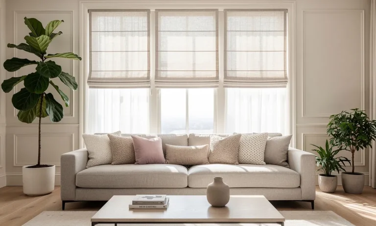 Salon moderne avec grande fenêtre à trois panneaux habillée de voilages et stores romains, plantes d'intérieur et coussins texturés sous une lumière douce.