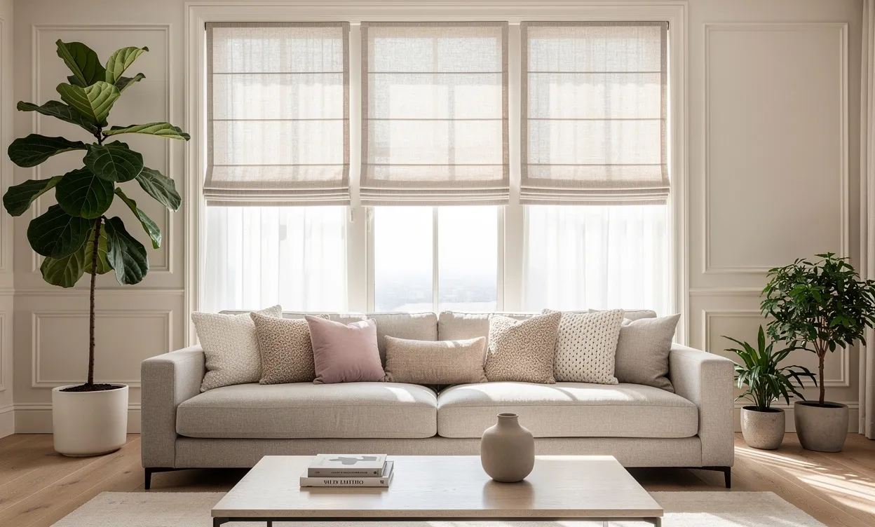 Salon moderne avec grande fenêtre à trois panneaux habillée de voilages et stores romains, plantes d'intérieur et coussins texturés sous une lumière douce.