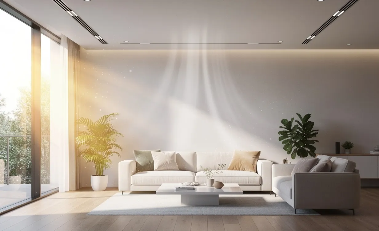 Un salon moderne baigné de lumière naturelle avec des bouches d’aération discrètes au plafond faisant circuler l’air.