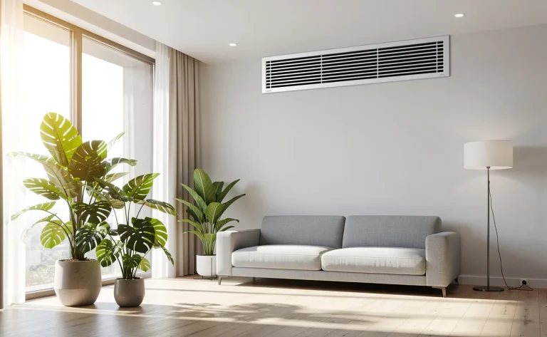 Salon moderne lumineux avec une grille de ventilation VMC au plafond, des plantes vertes et de la lumière naturelle traversant de grandes fenêtres.