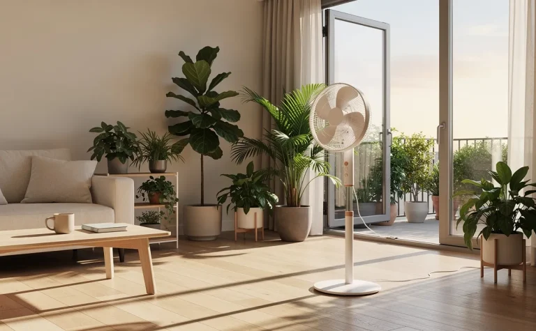 Un salon moderne et lumineux avec un ventilateur écologique, des plantes vertes et de grandes fenêtres ouvertes laissant passer la lumière du soleil.