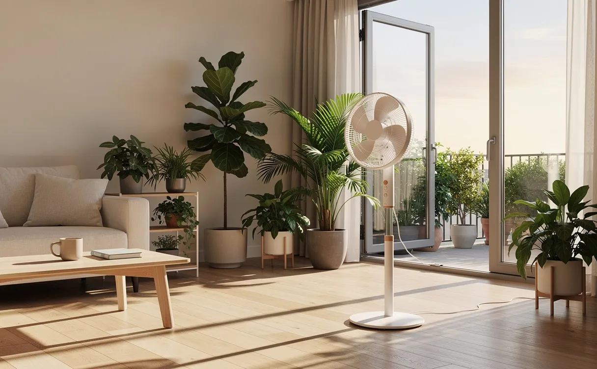 Un salon moderne et lumineux avec un ventilateur écologique, des plantes vertes et de grandes fenêtres ouvertes laissant passer la lumière du soleil.