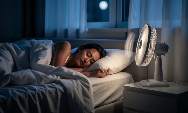 Une personne dort paisiblement dans un lit la nuit, un petit ventilateur diffuse de l’air sous une lumière bleutée et douce.