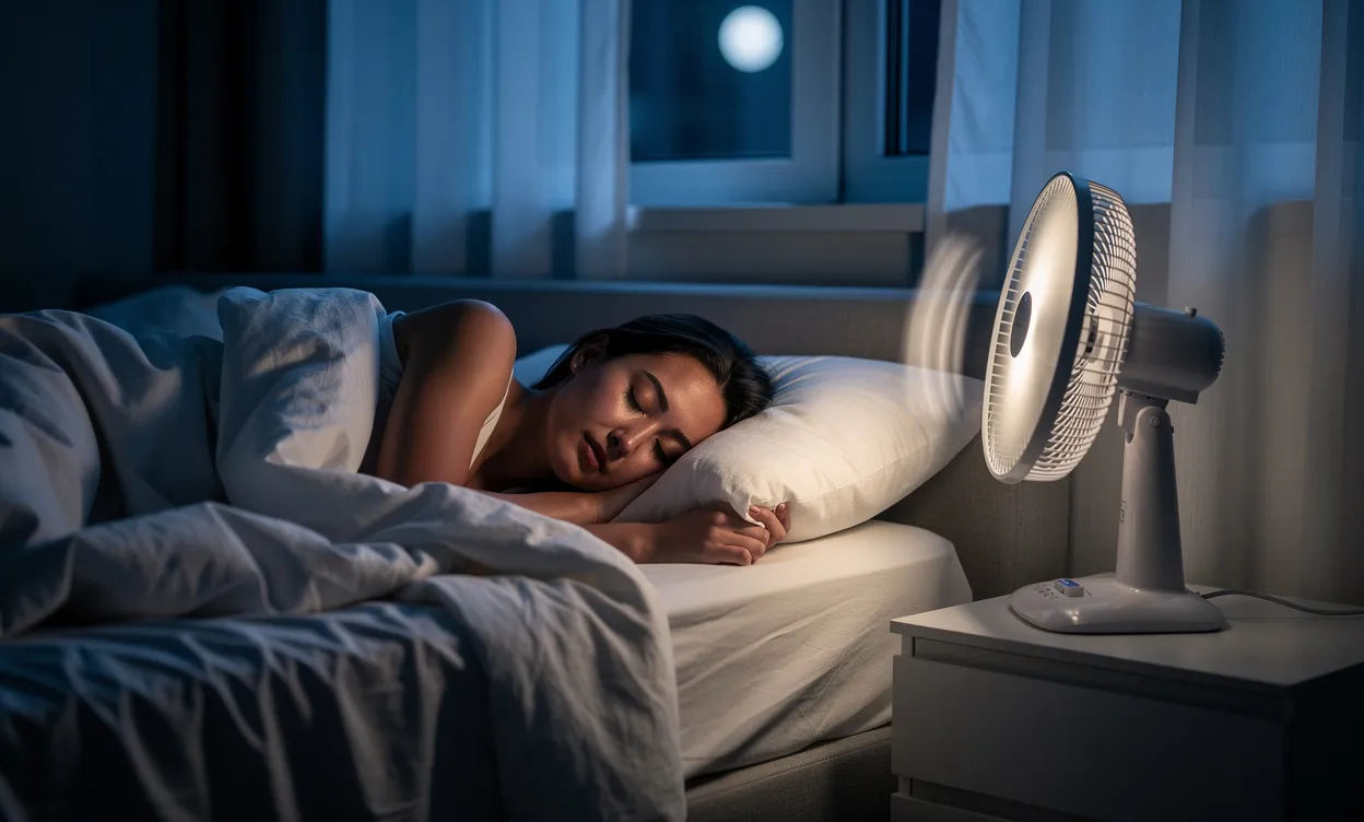 Une personne dort paisiblement dans un lit la nuit, un petit ventilateur diffuse de l’air sous une lumière bleutée et douce.