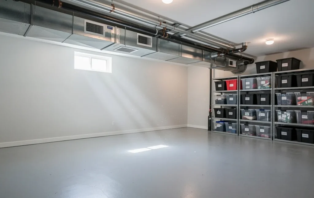 Un sous-sol propre et bien rangé doté de bouches d’aération apparentes et d’un système de ventilation moderne, éclairé par la lumière naturelle d’une petite fenêtre.