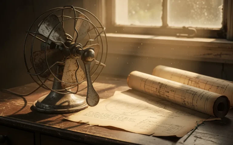 Un ventilateur vintage à manivelle est posé sur un bureau en bois près de vieux plans, éclairé par la lumière dorée d’une fenêtre ancienne.